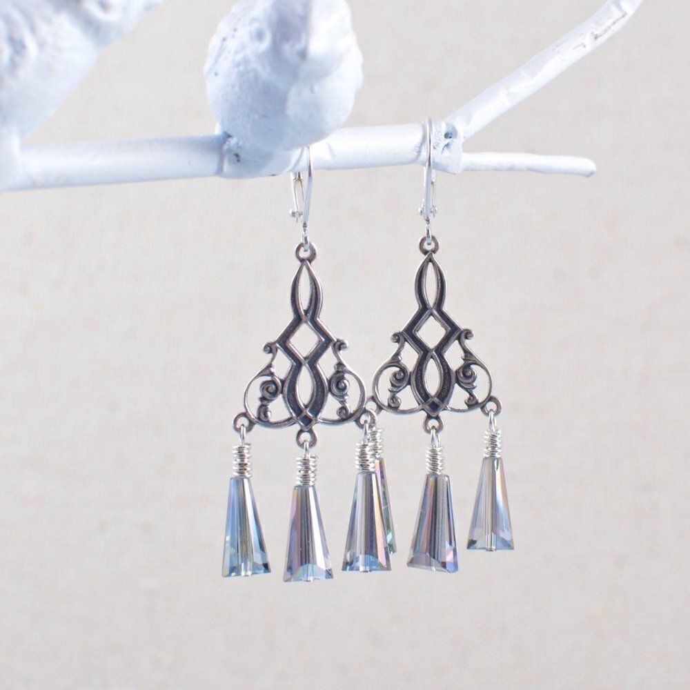 Silver Chandelier Earrings with Silver Crystals